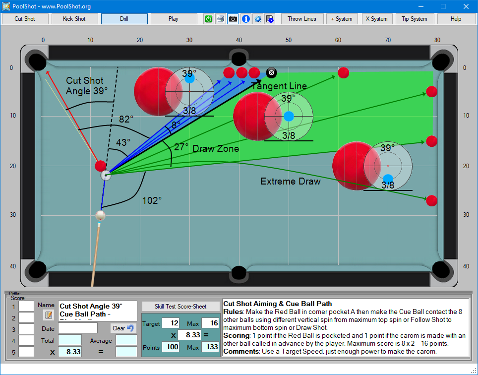 Cut Shot Angle 39° Cue Ball Path - Blackball